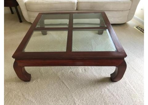 Wood and glass coffee table + two end tables
