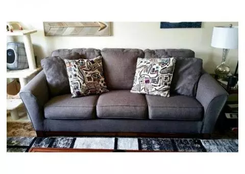 Gray Sofa (w/wooden railing) & Toss Pillows